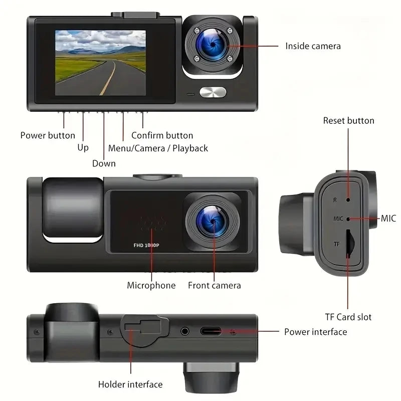 Caméra embarquée DVR 1080p avec 3 caméras | Vision nocturne | GPS