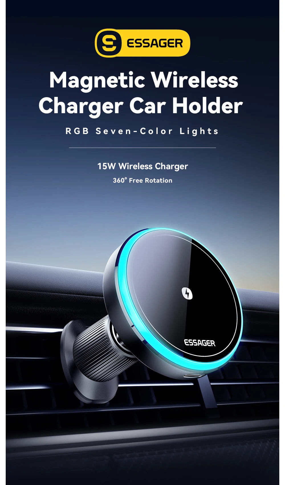 Essager Magnetic Wireless Charger 15W - RGB Car Mount