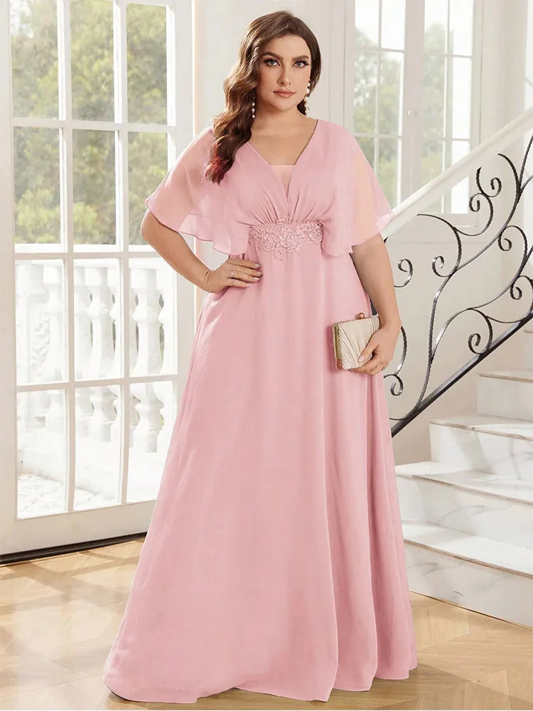 Plus Size Chiffon Evening Dress - V-Neck Bridesmaid Gown