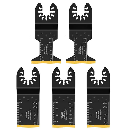Set of five oscillating tool blades on a white background