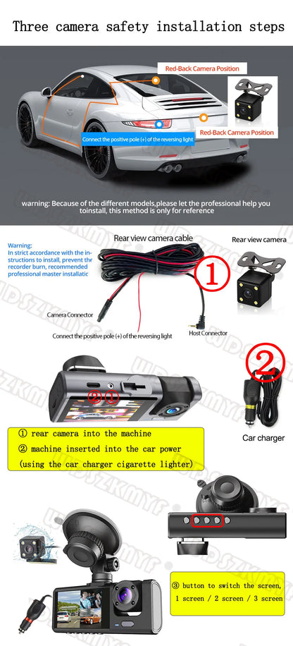 1080P Car DVR 3 Camera Dash Cam | Night Vision | GPS - Bascora