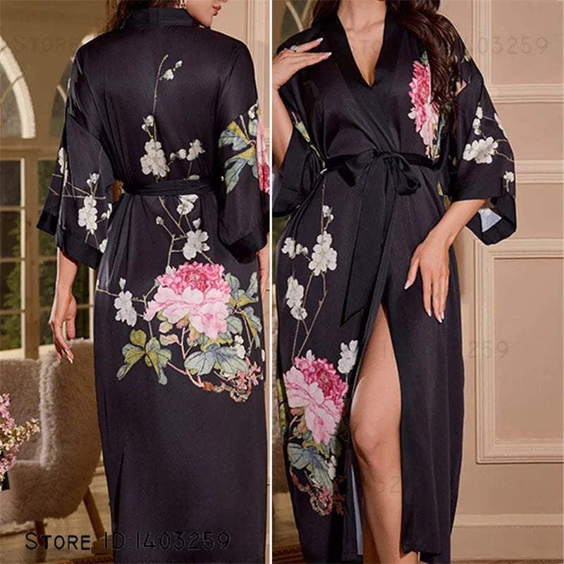 Plus Size Floral Kimono Robe - Silk Satin Loungewear