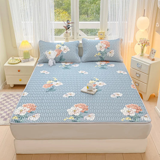 Tapis rafraîchissant d'été pour lit - Imprimé floral bleu