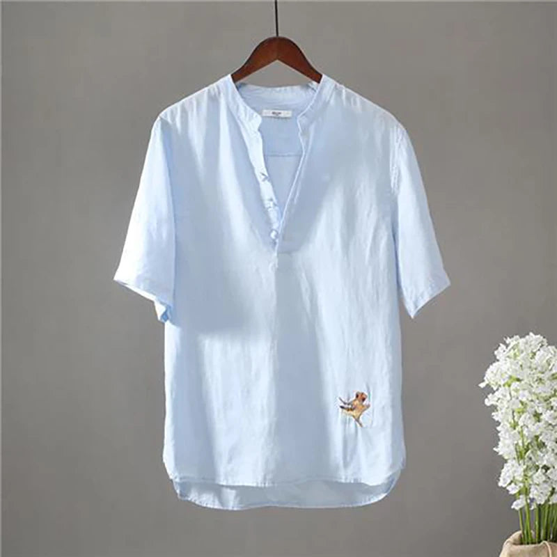 Men's Linen Bird Embroidery T-Shirt - V-Neck Street Fashion