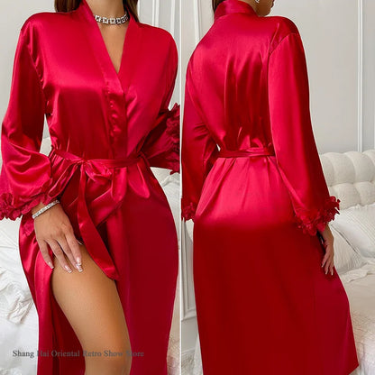 2-Piece Lace Kimono Robe Set - Silk Satin Nightgown - Bascora