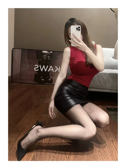 Leather Look Mini Skirt - High Waist PU Fashion Skirt - Bascora