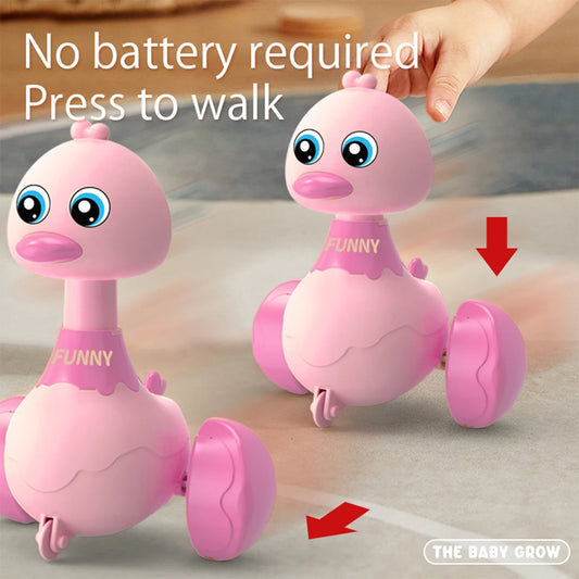 Pink toy duck with 'FUNNY' text, press-to-walk feature, on a neutral background.