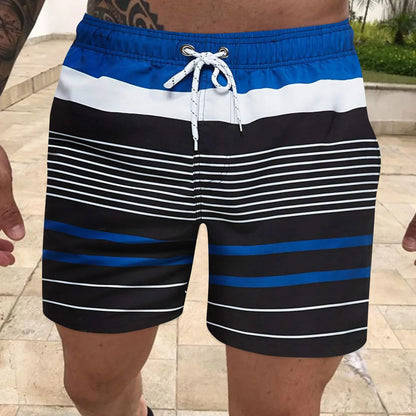 Men's Striped Board Shorts - Color Contrast Surf Swim Shorts - Bascora
