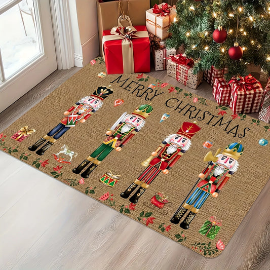 Christmas-themed rug with nutcrackers and 'Merry Christmas' text, placed in a room with a decorated tree and gifts.