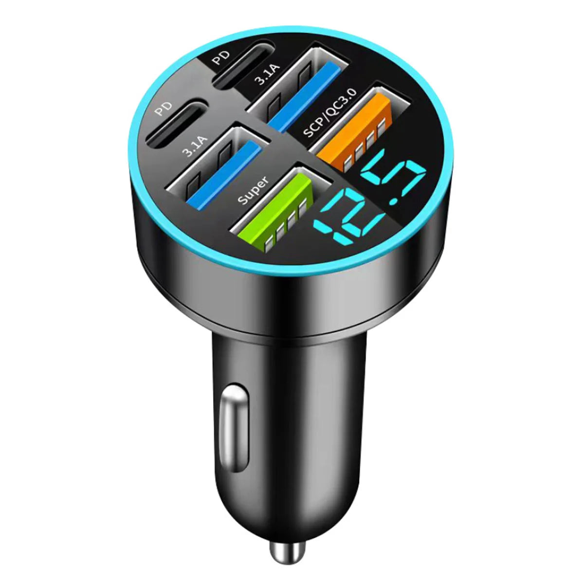 Fast Charging USB Type-C Car Charger - 6 Ports - Digital Display