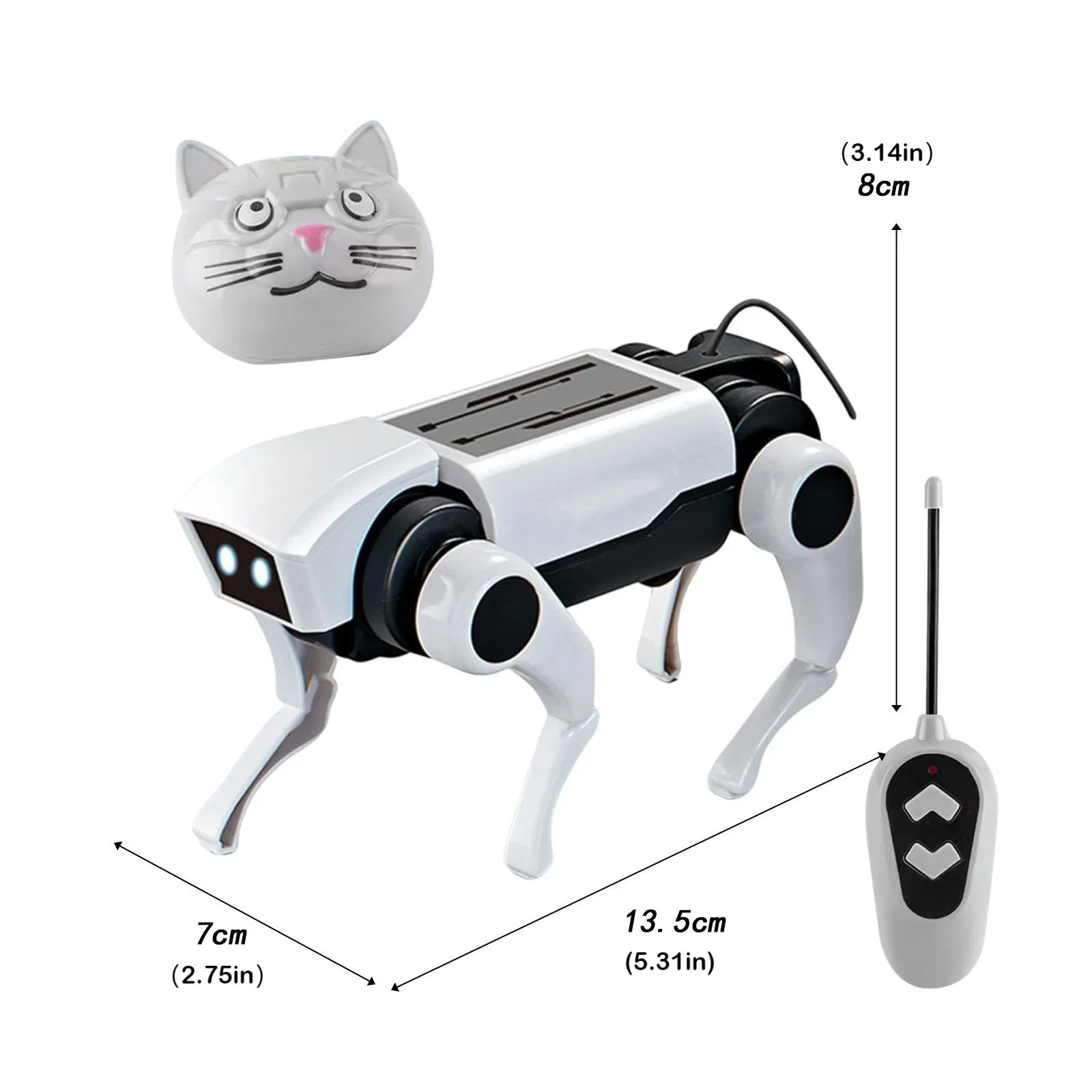 Toy robot cat with remote control and measurements on a white background