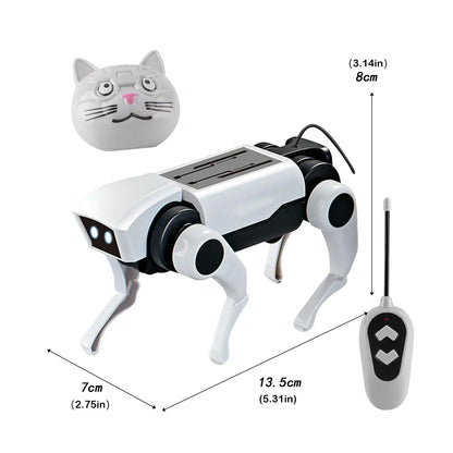 Toy robot cat with remote control and measurements on a white background