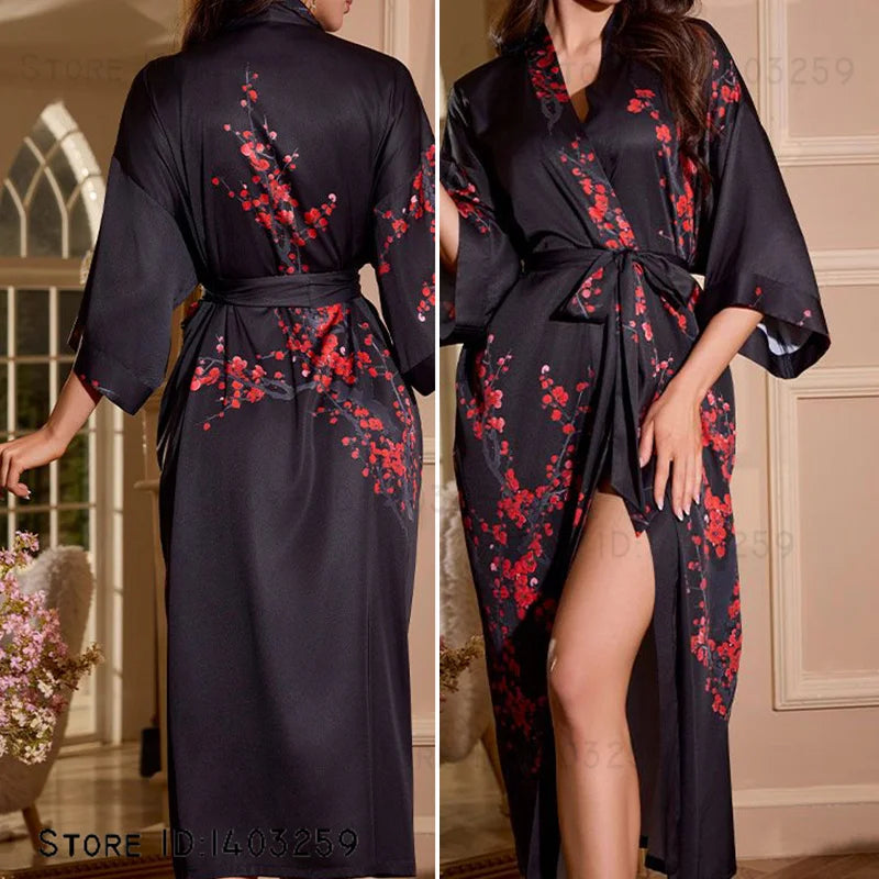Plus Size Floral Kimono Robe - Silk Satin Loungewear