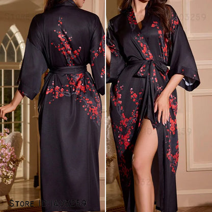 Plus Size Floral Kimono Robe - Silk Satin Loungewear - Bascora