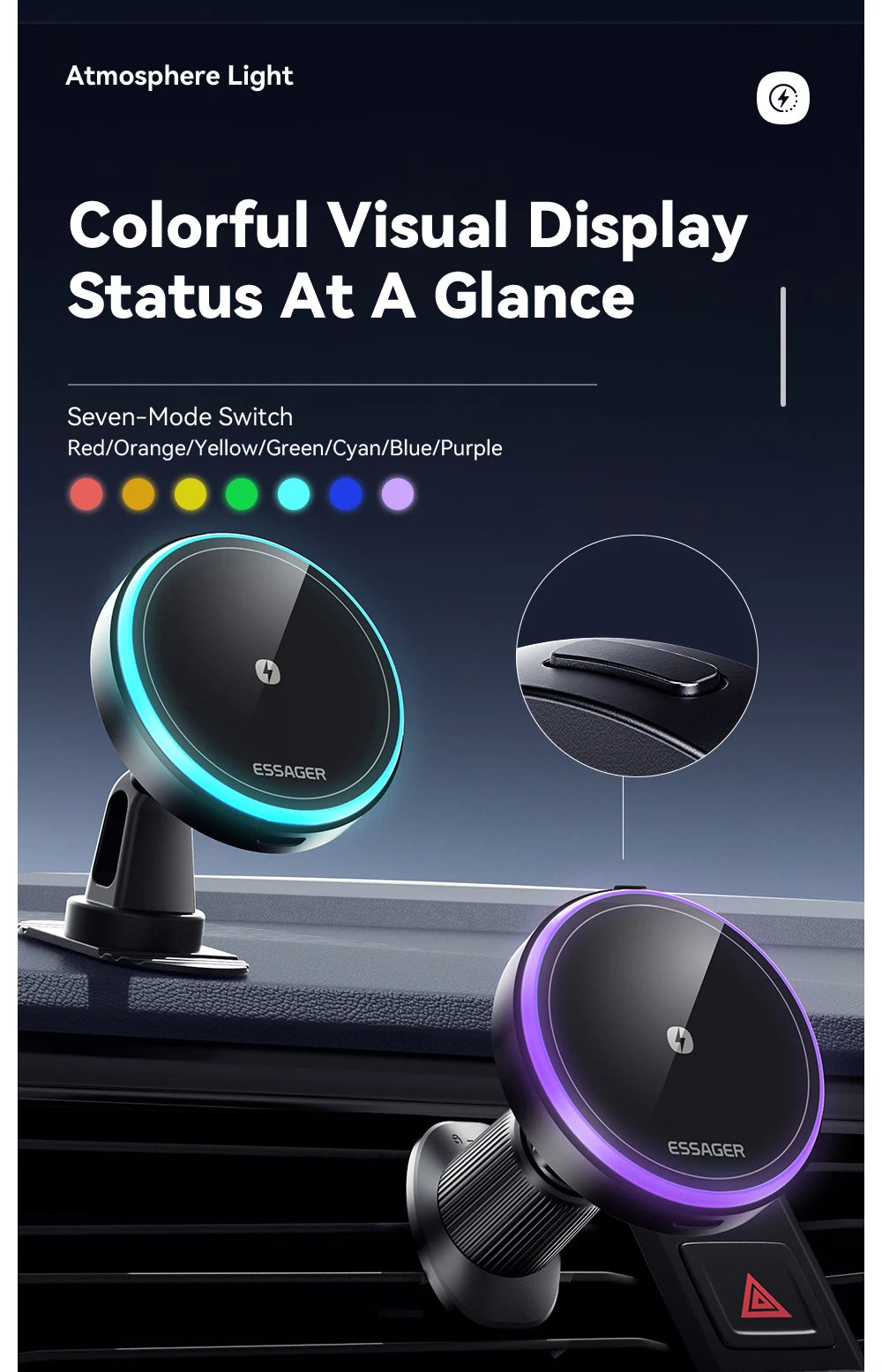 Essager Magnetic Wireless Charger 15W - RGB Car Mount