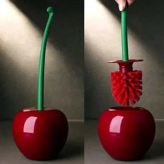 Red cherry-shaped container with a green stem and red brush inside on a gray background