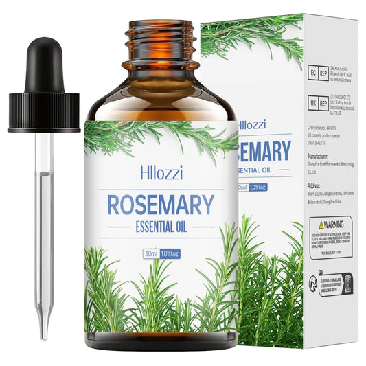 Rosemary essential oil bottle with dropper and packaging on a white background