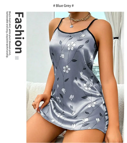 Floral Print Satin Nightgown - Backless Slip Night Dress - Bascora