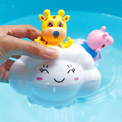Toy giraffe on a cloud with a hand holding it over water