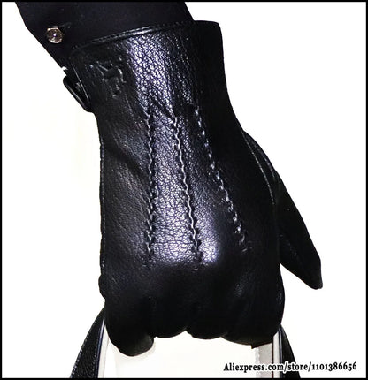 Guantes de piel auténtica de ciervo con textura - Unisex con forro de lana