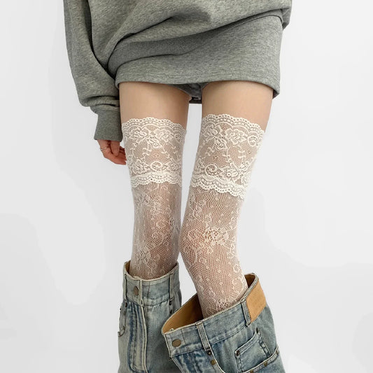 Women's Flower Lace Fishnet Thigh High Stockings - Sweet Frilly Trim