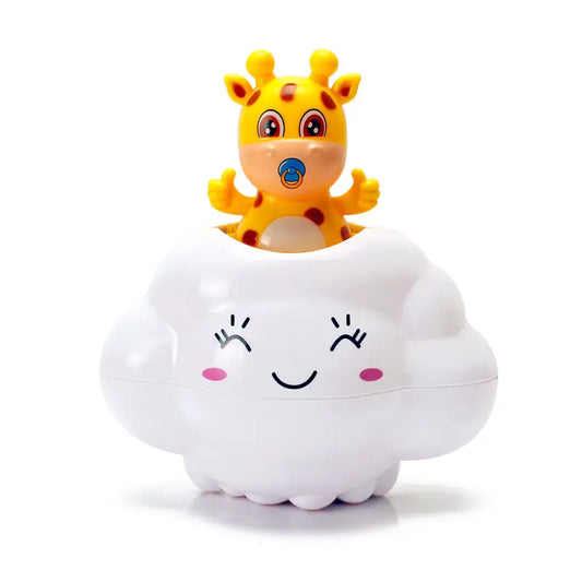 Toy giraffe on a cloud with a smiling face on a white background