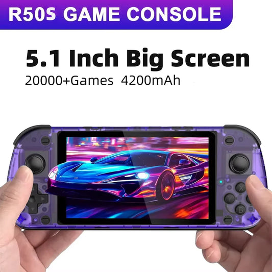 Handheld game console with 5.1 inch screen held by a person, displaying a car game on screen.