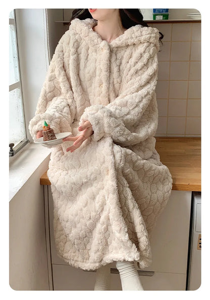 Winter Hooded Fleece Robe - Warm Pocket Nightgown - Bascora