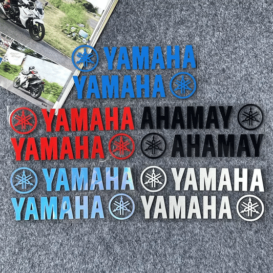 Yamaha logos in various colors on a textured background with motorcycle images.