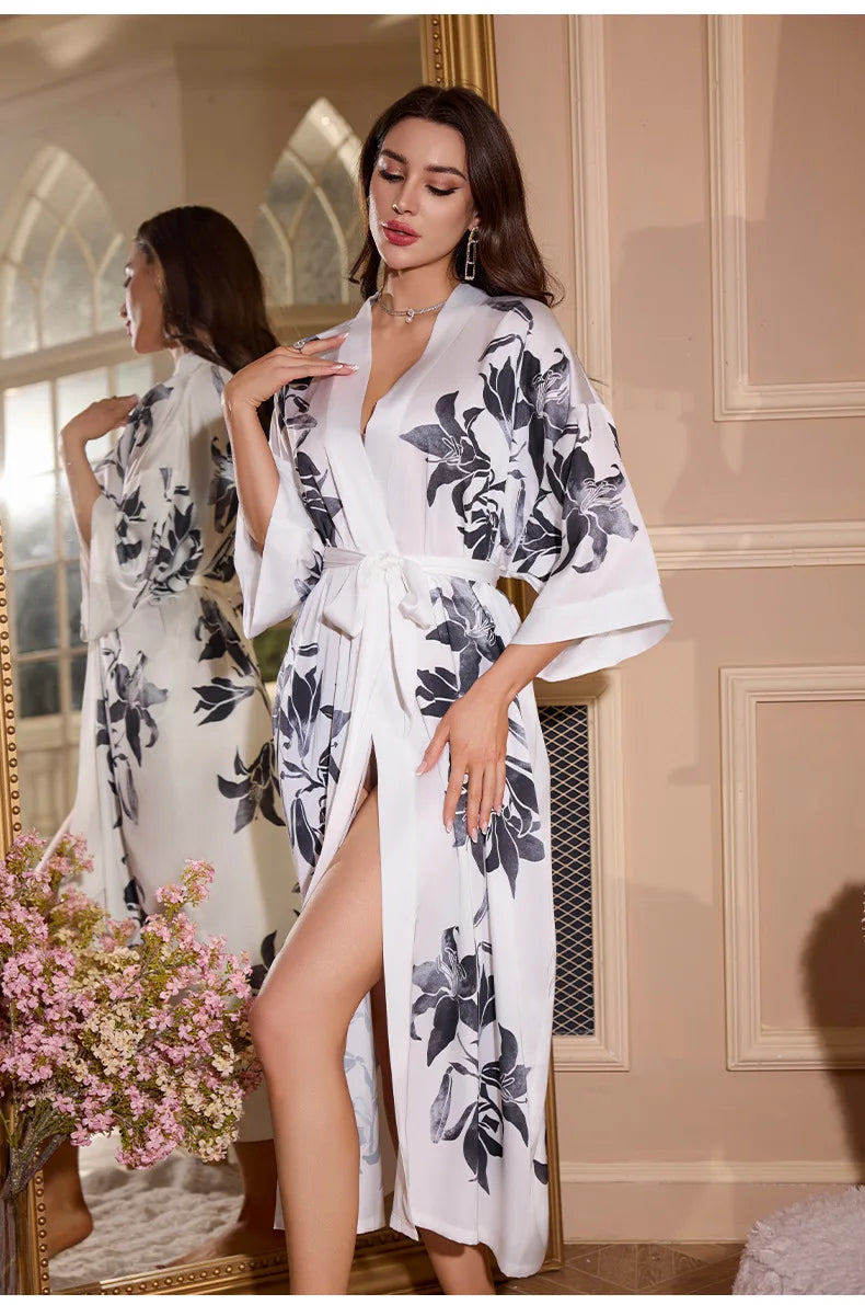 Plus Size Floral Kimono Robe - Silk Satin Loungewear