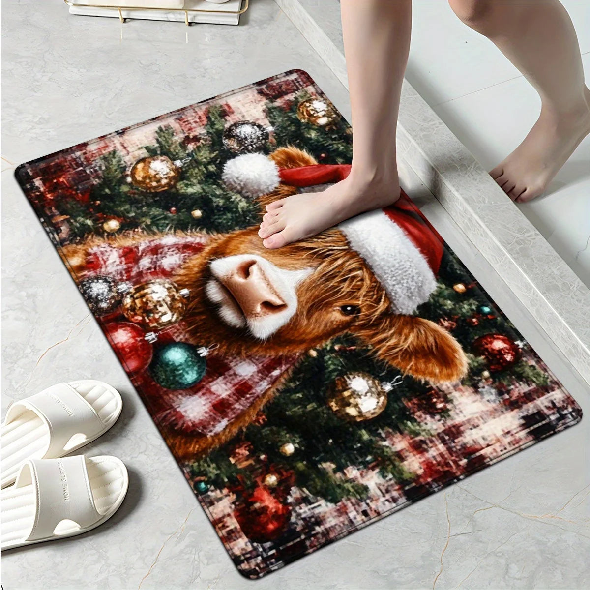 Red Grid Santa Claus Kitchen Floor Mat - Christmas Welcome Rug