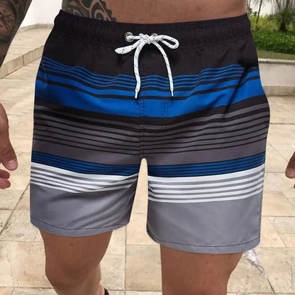 Men's Striped Board Shorts - Color Contrast Surf Swim Shorts - Bascora
