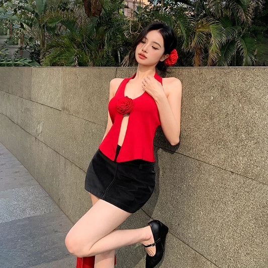 Summer Flower Knitted Camisole - Halter V-neck Tank Top