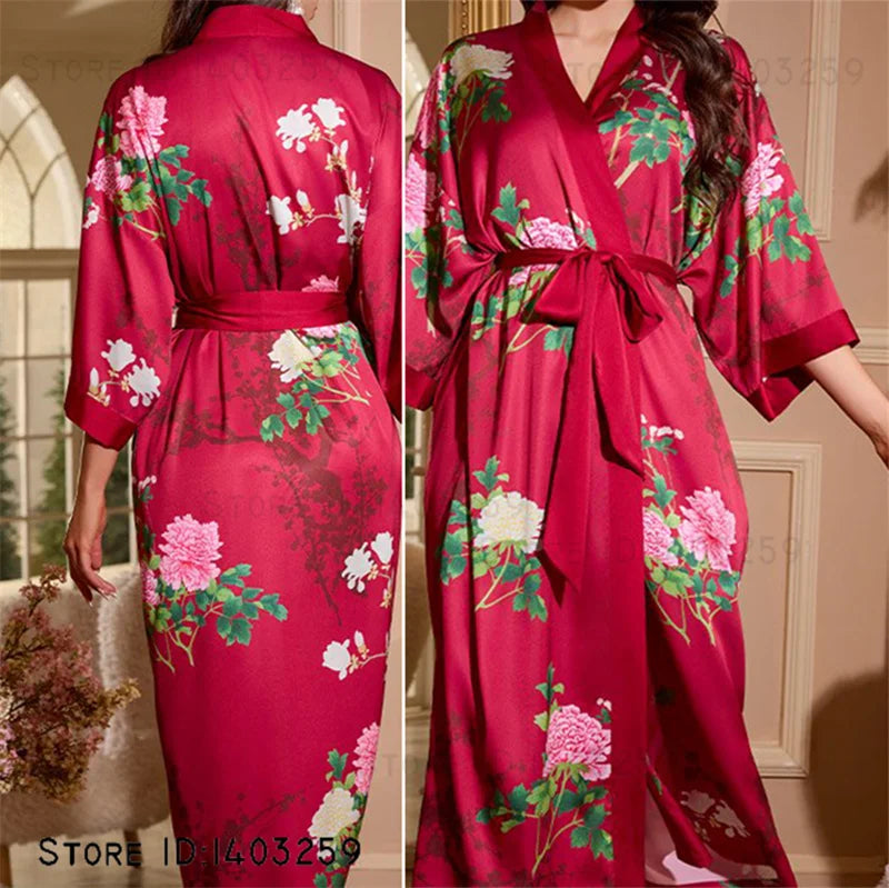 Plus Size Floral Kimono Robe - Silk Satin Loungewear