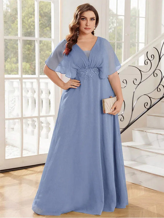 Vestido de noche de gasa de talla grande - Vestido de dama de honor con escote en V