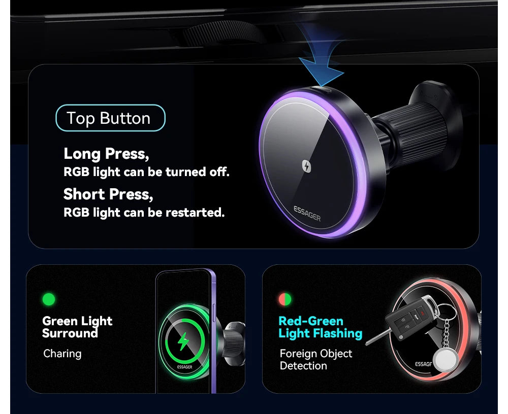 Essager Magnetic Wireless Charger 15W - RGB Car Mount