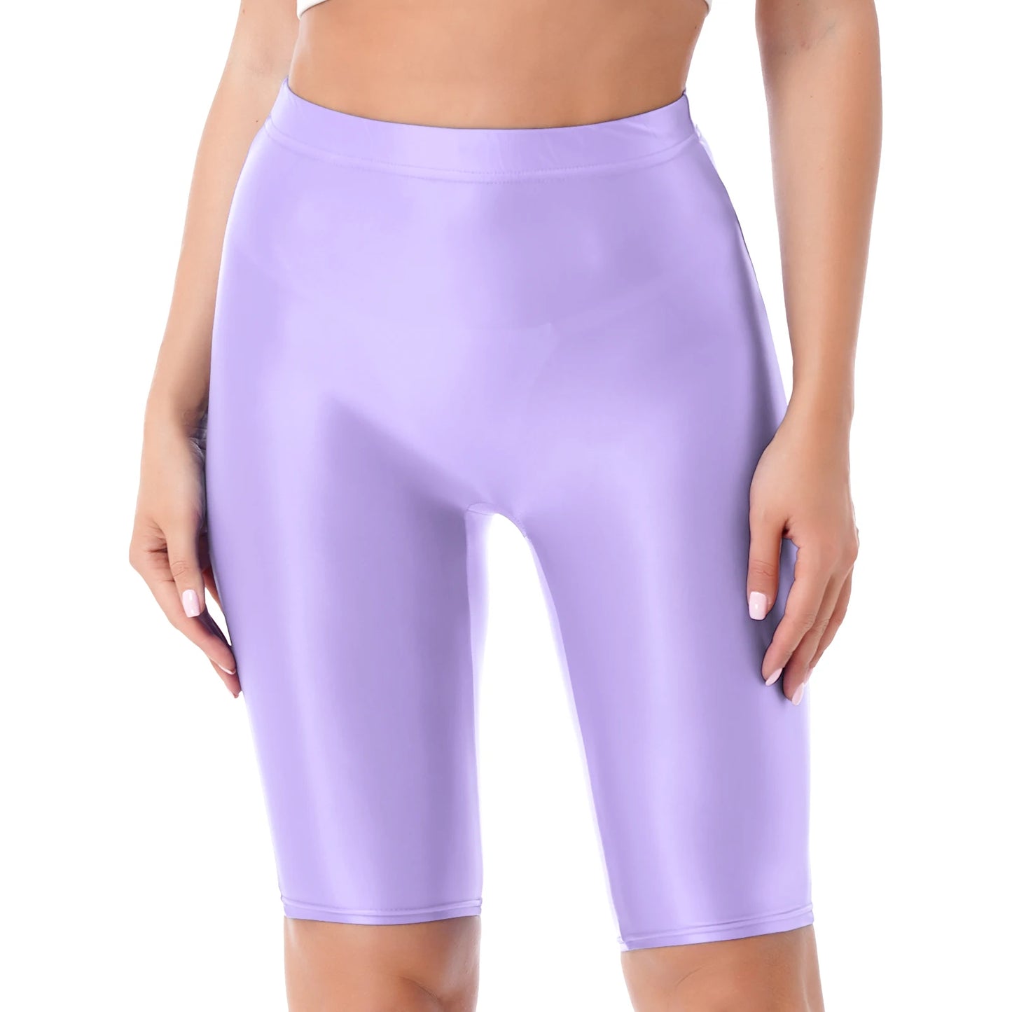 Women's High Waist Swim Shorts - Glossy Athletic Leggings Swimwear