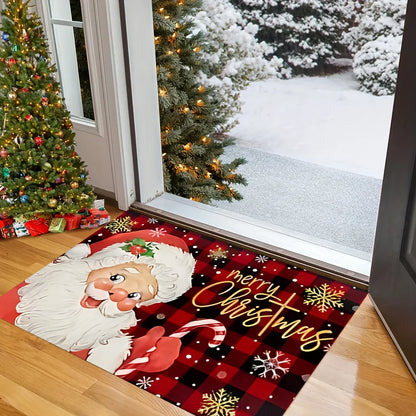 Red Grid Santa Claus Kitchen Floor Mat - Christmas Welcome Rug - Bascora