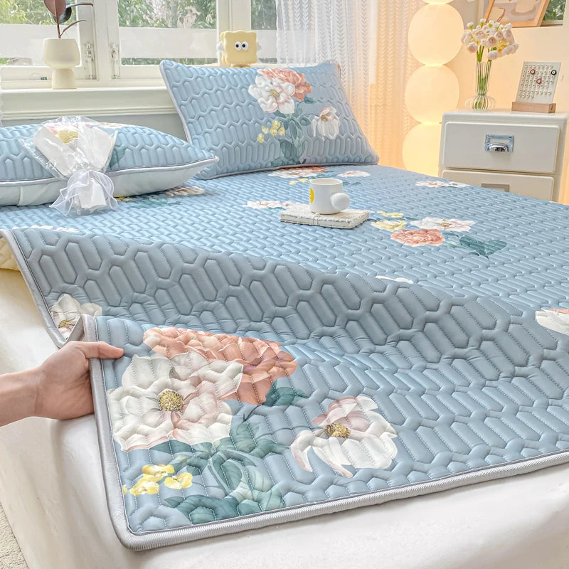 Tapis rafraîchissant d'été pour lit - Imprimé floral bleu