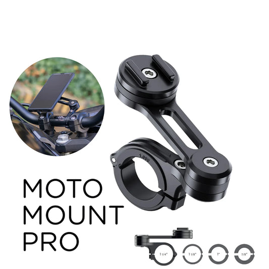 Black motorcycle mount with adjustable arm on a white background, featuring 'Moto Mount Pro' text.