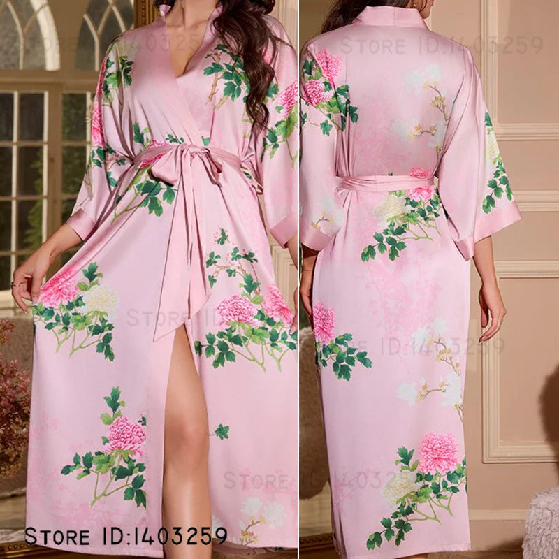 Plus Size Floral Kimono Robe - Silk Satin Loungewear