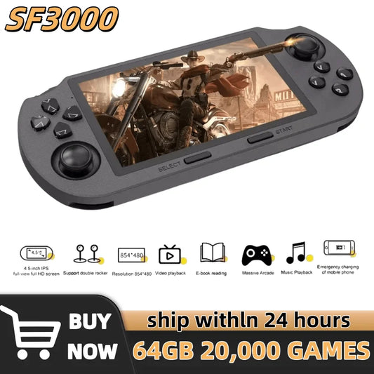 Handheld gaming console with screen displaying a game, surrounded by promotional text and icons.