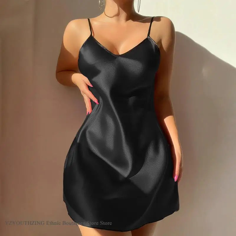 Lace Satin Slip Nightgown - Backless Spaghetti Strap Dress