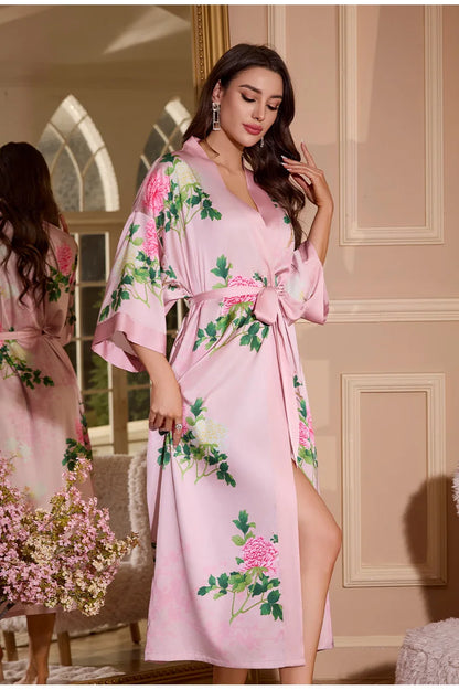 Plus Size Floral Kimono Robe - Silk Satin Loungewear - Bascora