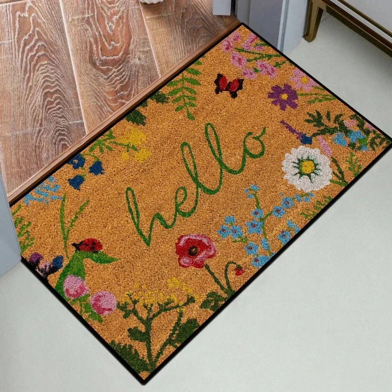 Floral Letter Print Welcome Carpet - Anti-Slip Washable Doormat