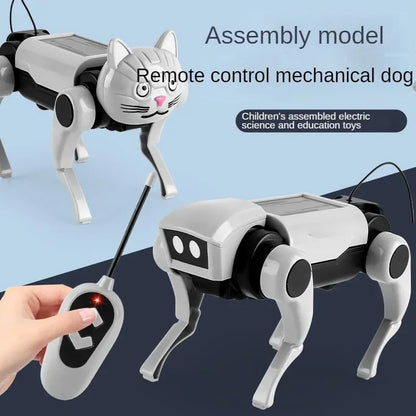 Remote control mechanical dog toy with assembly model text on a blue background