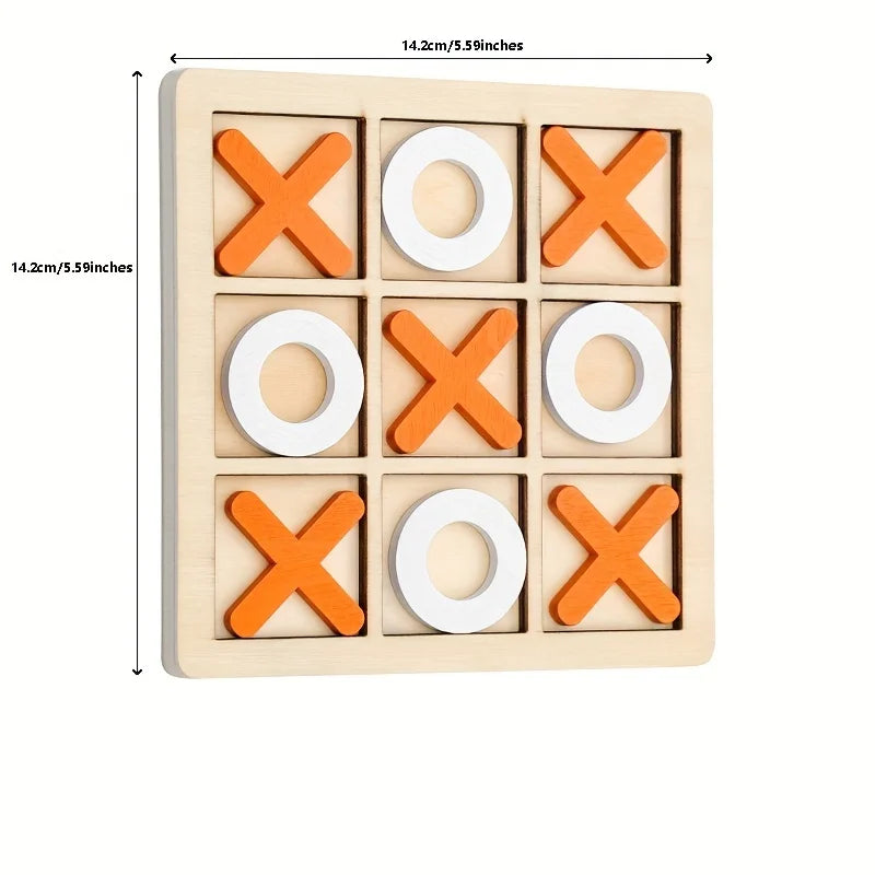 Wooden tic-tac-toe game with orange and white pieces, showing dimensions on a white background.