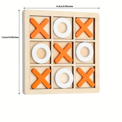 Wooden tic-tac-toe game with orange and white pieces, showing dimensions on a white background.