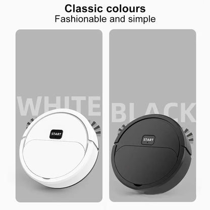 White and black robot vacuums on gray backgrounds with 'Start' buttons.