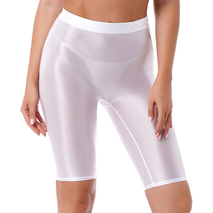 Women's High Waist Swim Shorts - Glossy Athletic Leggings Swimwear - Bascora